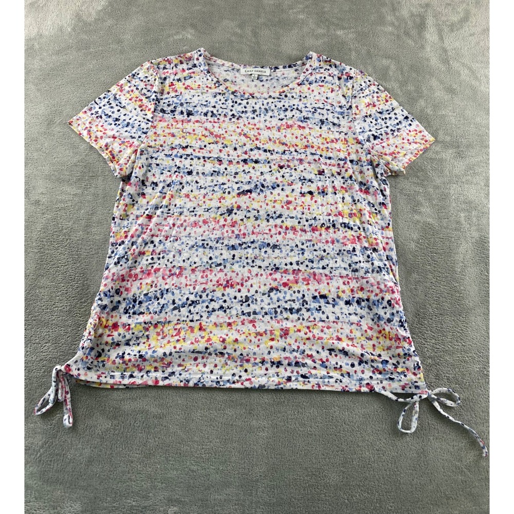 Emily Daniels Womens Short Sleeve Multi Color Abstract Dot Cinched Side Top L